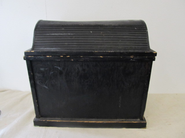 lot 50 image: Vintage Black Wooden Dome-Top Trunk