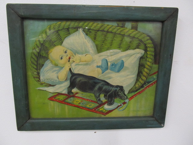 lot 61 image: Original Antique Framed Baby wDog Litho Print