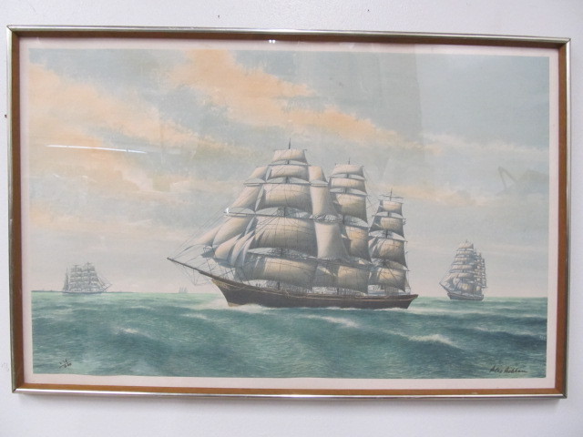 lot 63 image: Framed Signed Numbered ALEX PACKHAM Nautical Ship Lithograph