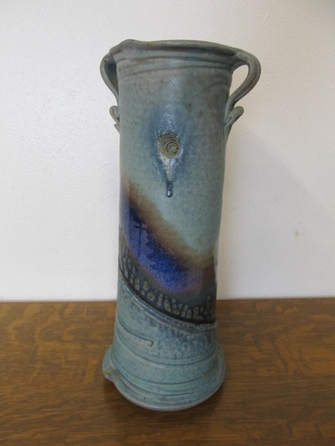 lot 71 image: Large Vintage Signed Stoneware Handled Pottery Vase