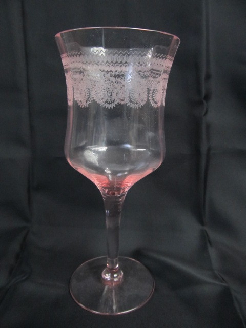 lot 116 image: SET OF 8 High End Vintage Etched Pink Crystal Wine Goblets