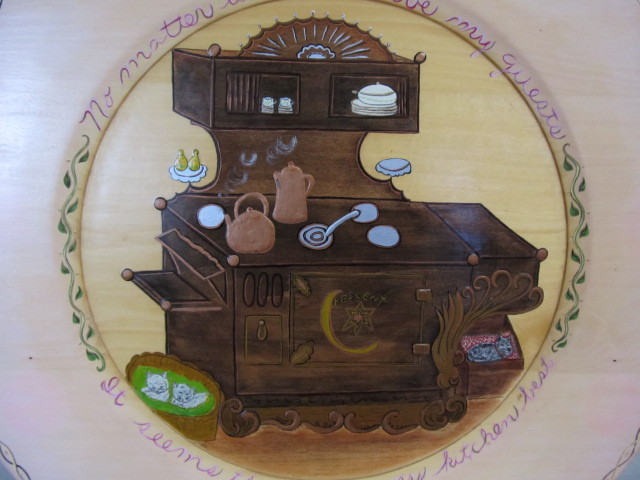 lot 131 image: Large Hand Painted Primitive Crescent Stove Folk Art Wooden Charger