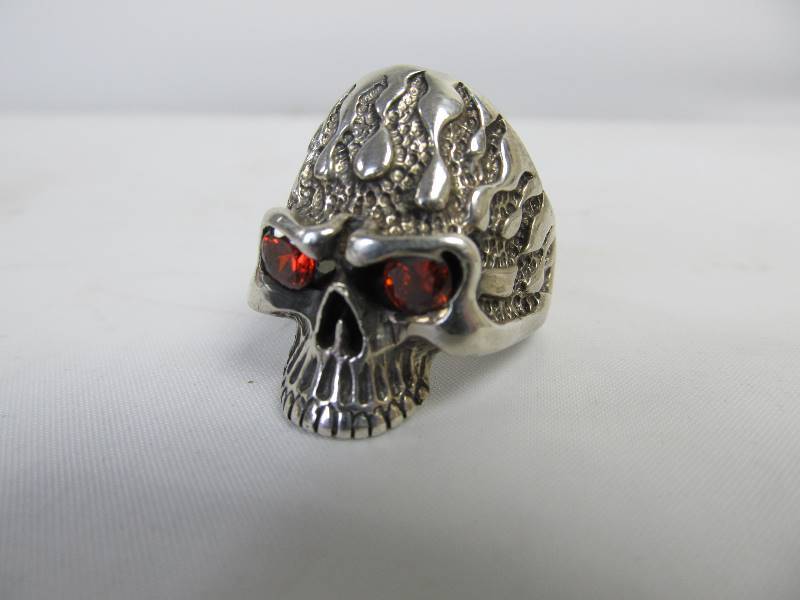 lot 7 image: HUGE Sterling Silver & Garnet Flame Skull Bikers Ring - Size 11