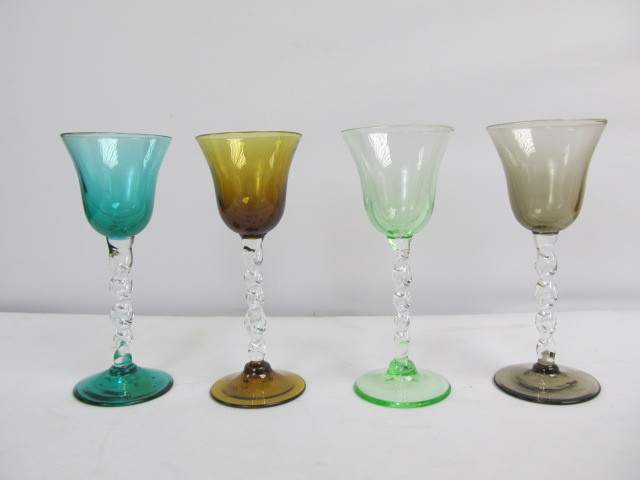 lot 201 image: Set of 4 Quality Vintage Air Twist Multi Color Small Crystal Goblets