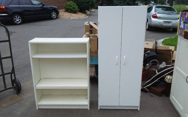 White 2 Door Pantry CabinetCupboard With Adjustable Shelves 32x12x60 & White Adjustable Book Shelf Unit 32x11x42