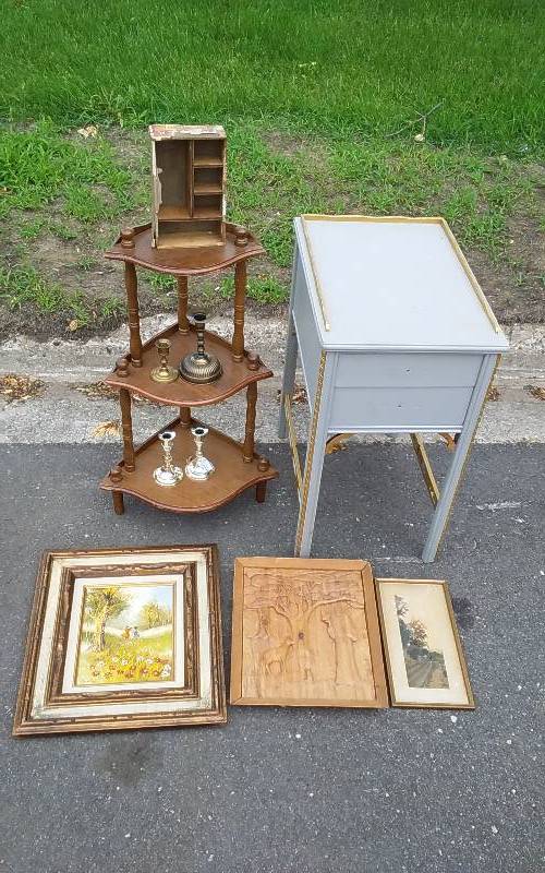 2-Drawer Painted Night Stand 15x20x26, 28 Inch Corner Shelf With Misc, 3-Pictures