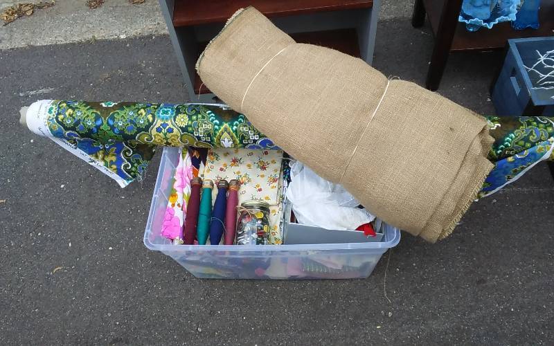 Large Bolt Of Fabric, Roll Of Burlap, Bin Full Of Fabric & Ribbon, 4-Old Wood Bobbins, Jar Of Old Buttons