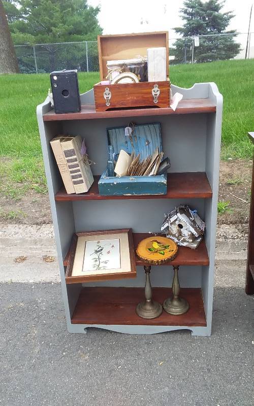 Painted Shelf With Vintage Collectibles, Old Jewelry Boxes, Bird Pictures & House, Camera, Old Pictures