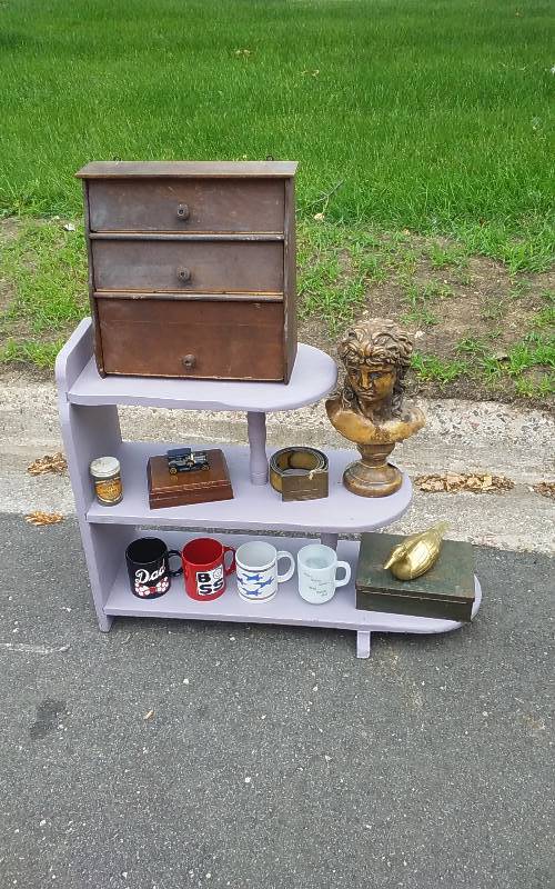Painted Wood 3-Tier Shelf With Collectibles, 3 Door Wood Box, Eros Bust, Belt With Buckle, Decoy, Mugs, Old First Aid Kit
