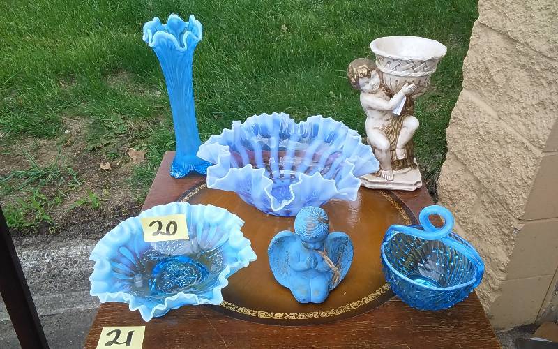 Lot Of Blue Glassware & Cherub Figures