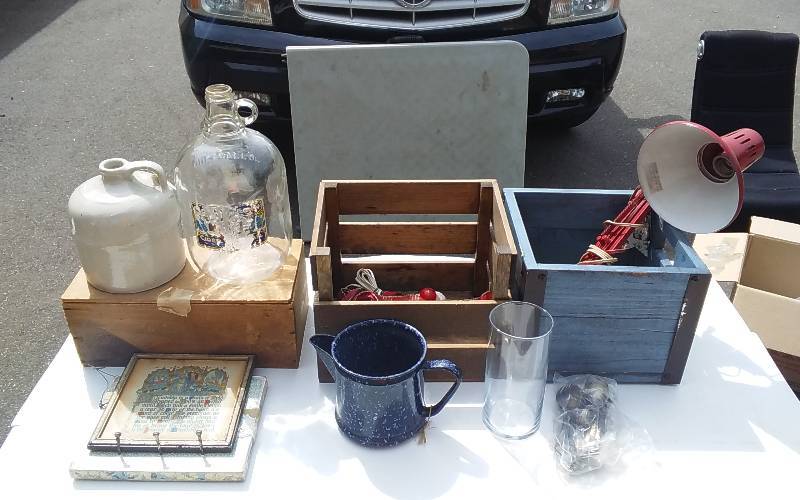 Lot Of Collectibles, Crock Jug, Clamp Lamp, Misc Flatware