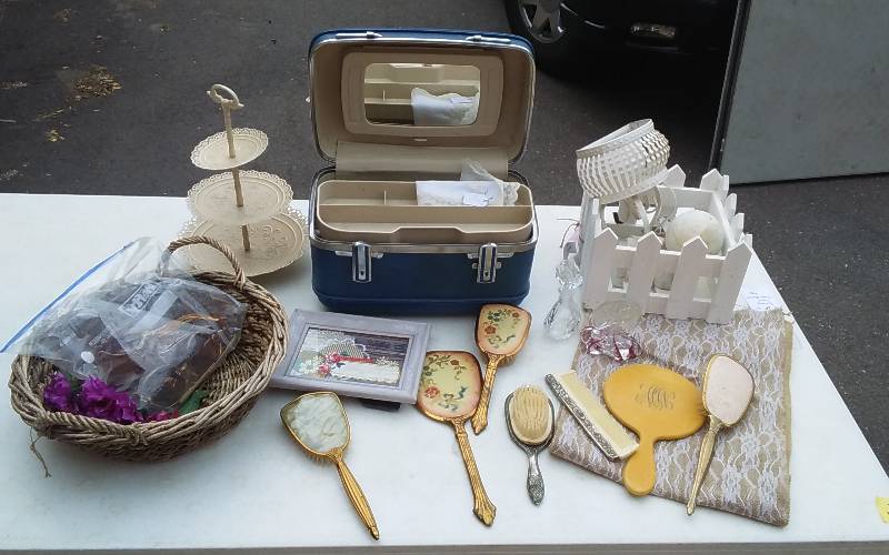 Lot Of Dresser Sets, Small Luggage, Basket, BurlapLace Runner