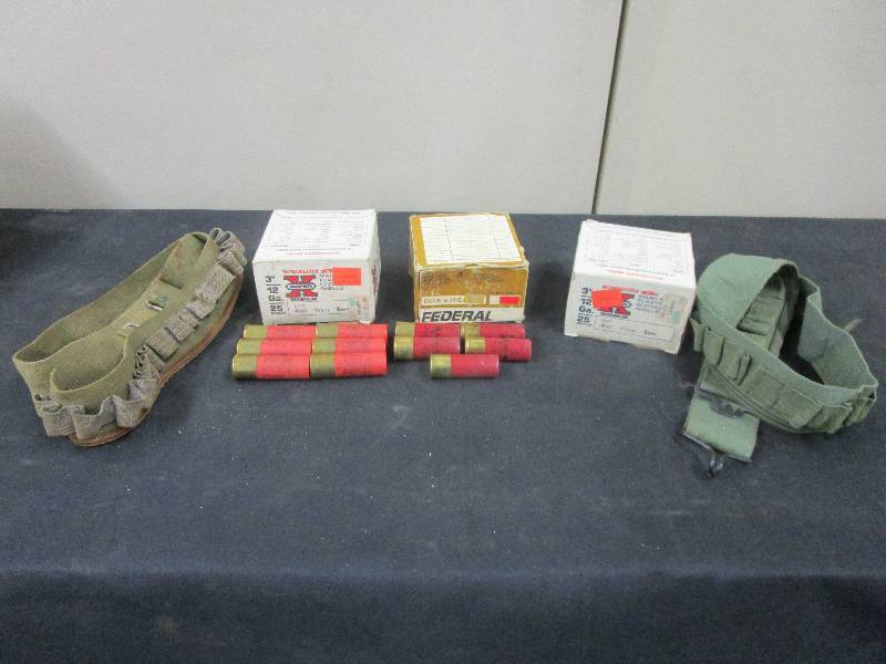 lot 17 image: 12 GAUGE SHOT GUN SHELLS 2 PARTIAL 1 FULL BOX 2 AMMO BELTS