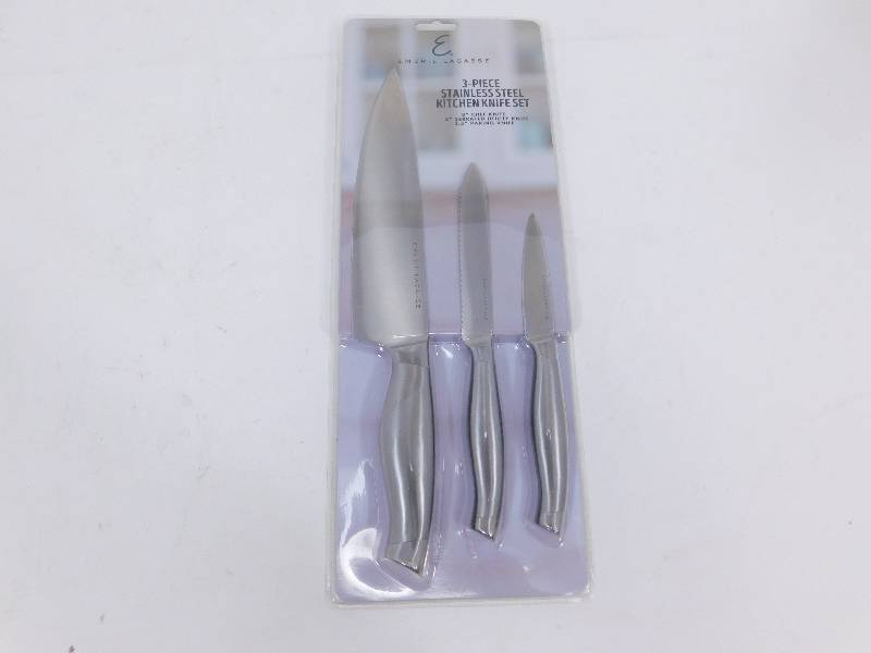 lot 22 image: Emeril Lagasse 3 Piece Stainless Steel Kitchen Knife Set