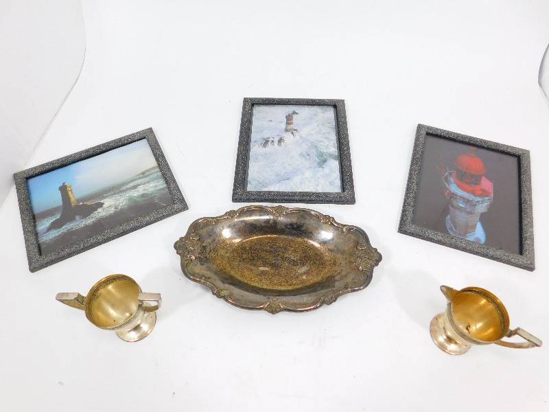 lot 58 image: Three Framed Lighthouse Pictures & A Silver Plated Sugar, Creamer,  & Tray