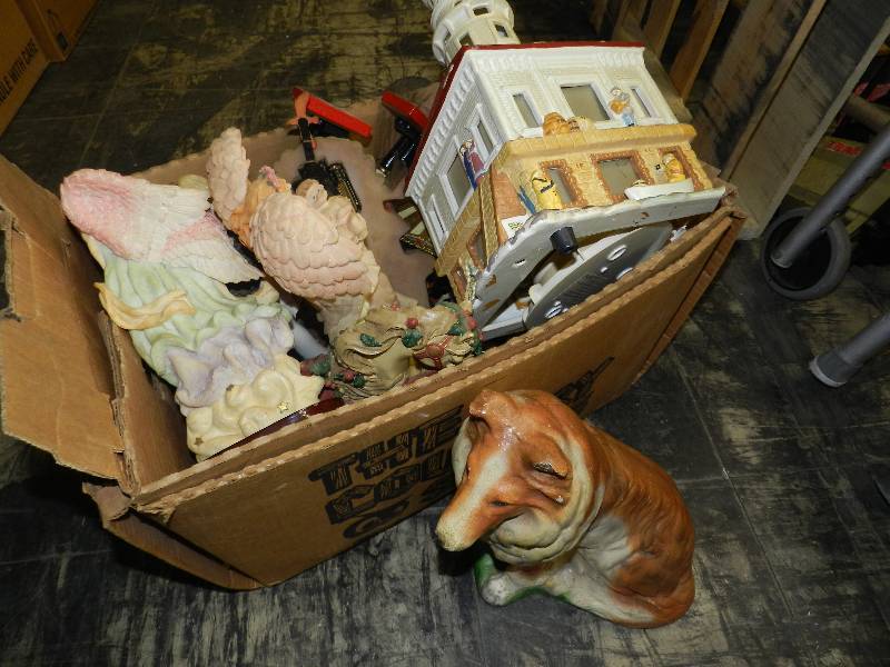 lot 544 image: ANGEL FIGURINES, CEMENT LASSIE DOG, EAGLE FIGURINE AND CLOCK