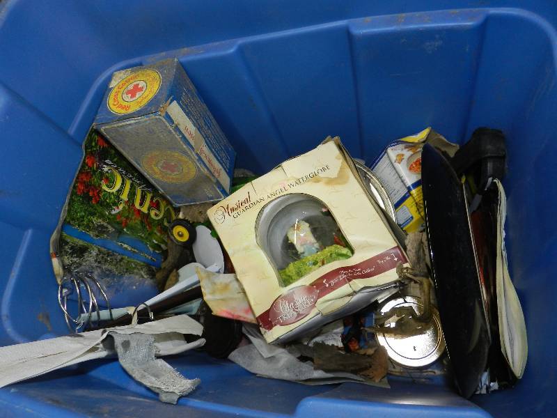 lot 567 image: TOTE OF MISC ITEMS, CIRCULAR SAW, STUFFED CHICKEN AND MORE