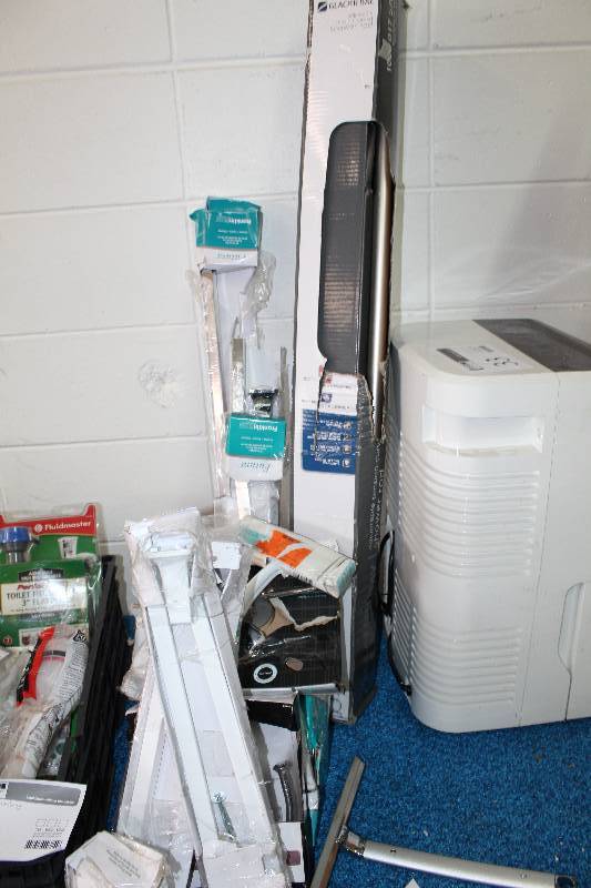 lot 70 image: Bathroom Hardware - Delta Cassidy Towel Ring, Shower Squeegee, Franklin Brass Towel Ring, Glacier Bay Adjustable Tension Curved Shower Rod