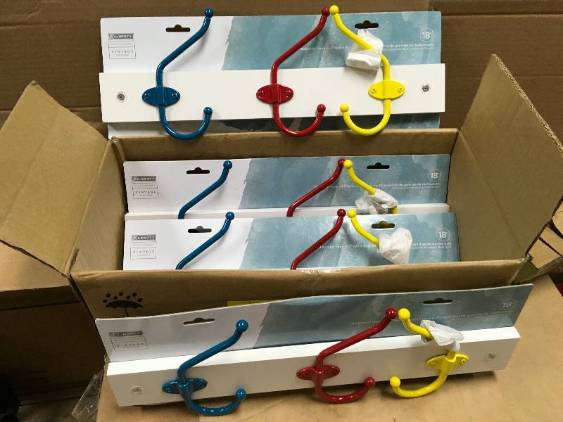 LIBERTY 18 in. White Hook Rack with Yellow, Teal and Red Hooks