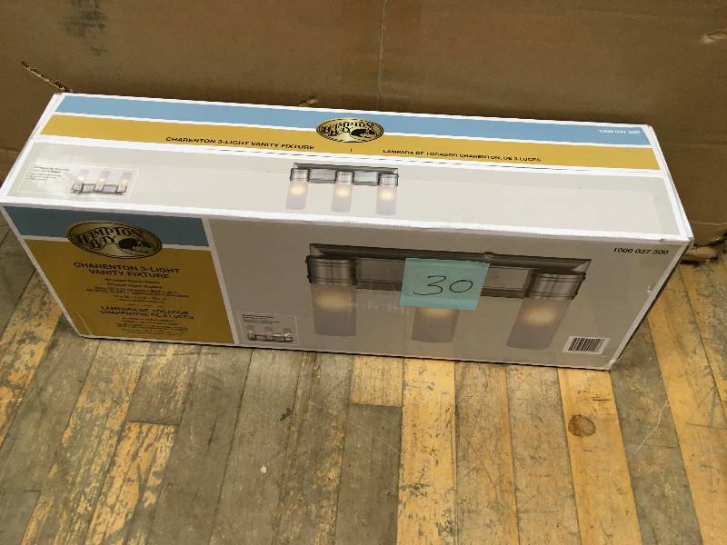 lot 30 image: Hampton Bay 3-Light Brushed Nickel Wall Vanity Fixture new