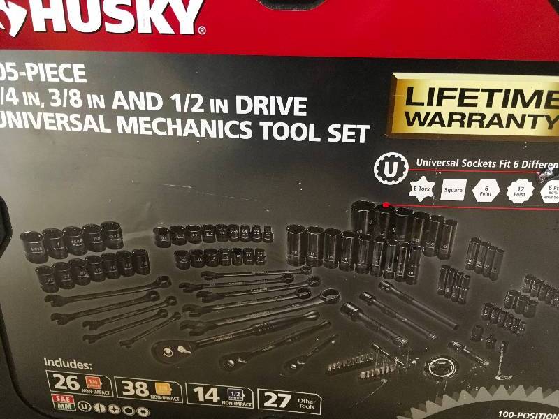 lot 48 image: HUSKY 14 in., 38 in. and 12 in. Drive 100-Position Universal SAE and Metric Mechanics Tool Set (105-Piece) in good conditions