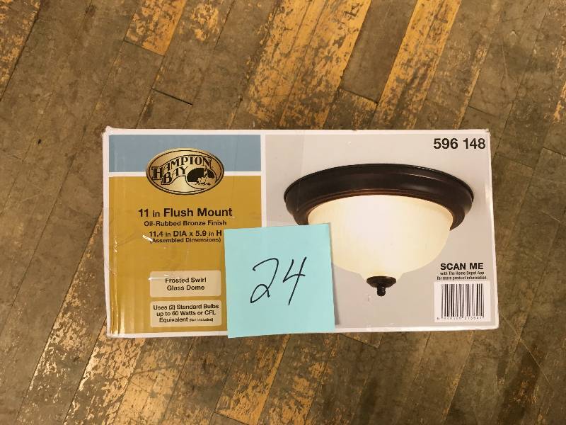 lot 24 image: HAMPTON BAY 11 in. 2-Light Oil-Rubbed Bronze Flushmount with Frosted Swirl Glass Shade not used