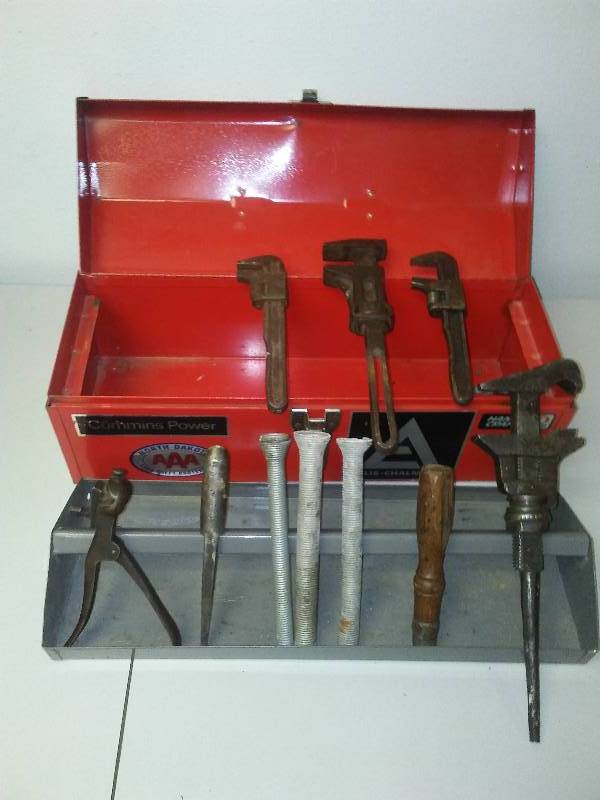 lot 120 image: awesome metal tool box with vintage tools
