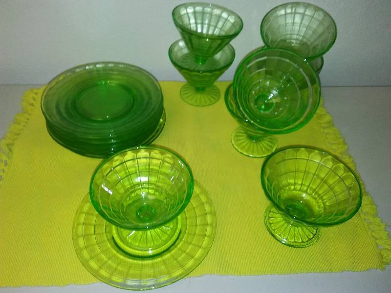 lot 151 image: Block Optic Green Depression Glass, Stemmed SherbertSaucer (8 ea.)