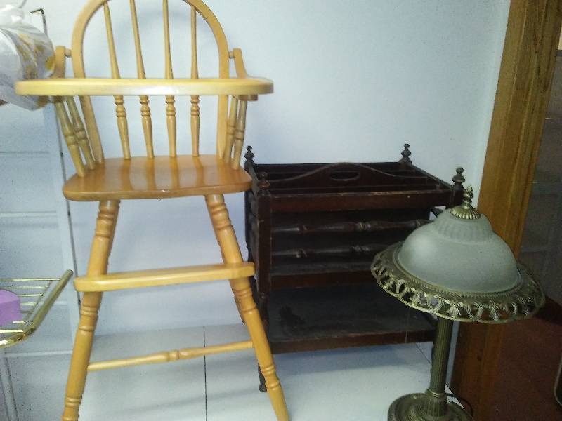 lot 198 image: High chair magazine rack, and lamp