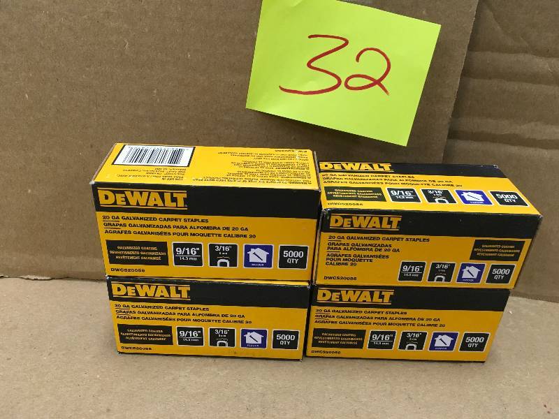 lot 32 image: Lot of 4 boxes- Dewalt 20-Gauge 916 in. L Galvanized Carpet Staples (5,000-Box)