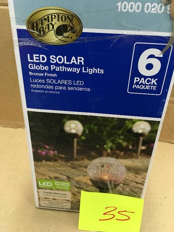 lot 35 image: Hampton Bay Solar Remington Bronze Outdoor Integrated LED Landscape Path Light with Crackled Glass Globe (6-Pack)