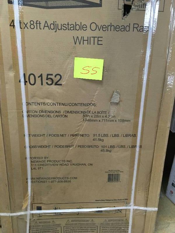 lot 55 image: NewAge Performance 96 in. L x 48 in. W x 42 in. H Adjustable VersaRac Ceiling Storage Rack in White