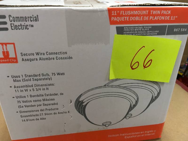 lot 66 image: Commercial Electric 11 in. 1-Light Brushed Nickel Flushmount with Frosted Glass Shade 2 Pack