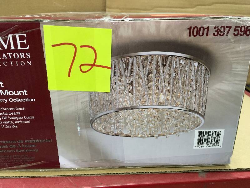 lot 72 image: Home Decorators 11.5 in. 3-Light Polished Chrome and Crystal Drum Shape Flushmount