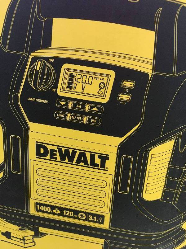 lot 85 image: Dewalt 1400 Peak Amp Jump Starter with Digital Compressor