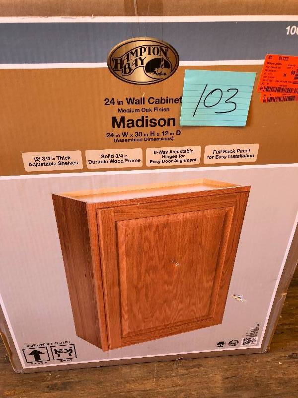 lot 103 image: Hampton Bay Madison Assembled 24x30x12 in. Wall Cabinet in Medium Oak
