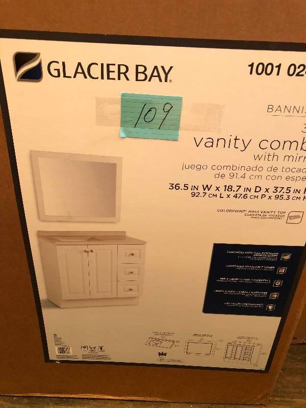 lot 109 image: Bannister 36.5 in. W Bath Vanity in White with Colorpoint Vanity Top in Maui with White Basin and Mirror