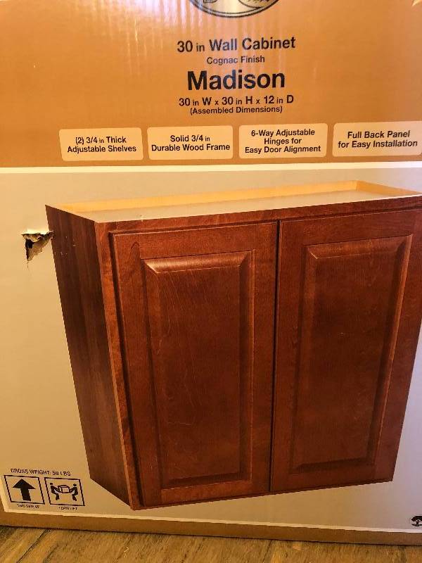 lot 113 image: Hampton Bay Madison Assembled 30x30x12 in. Wall Cabinetin Cognac
