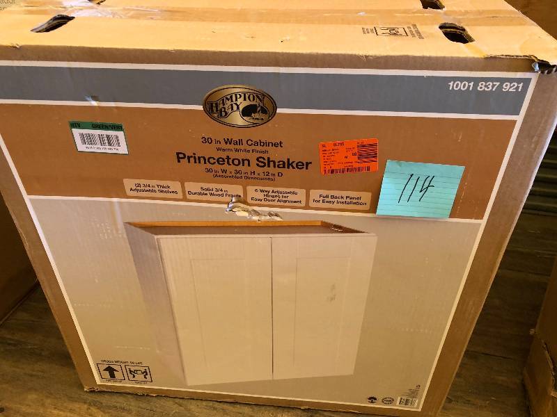 lot 114 image: Hampton Bay Princeton Shaker Assembled 30x30x12 in. Wall Cabinet in Warm White