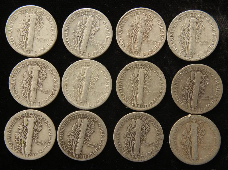 GROUP OF 12 US MERCURY SILVER DIMES