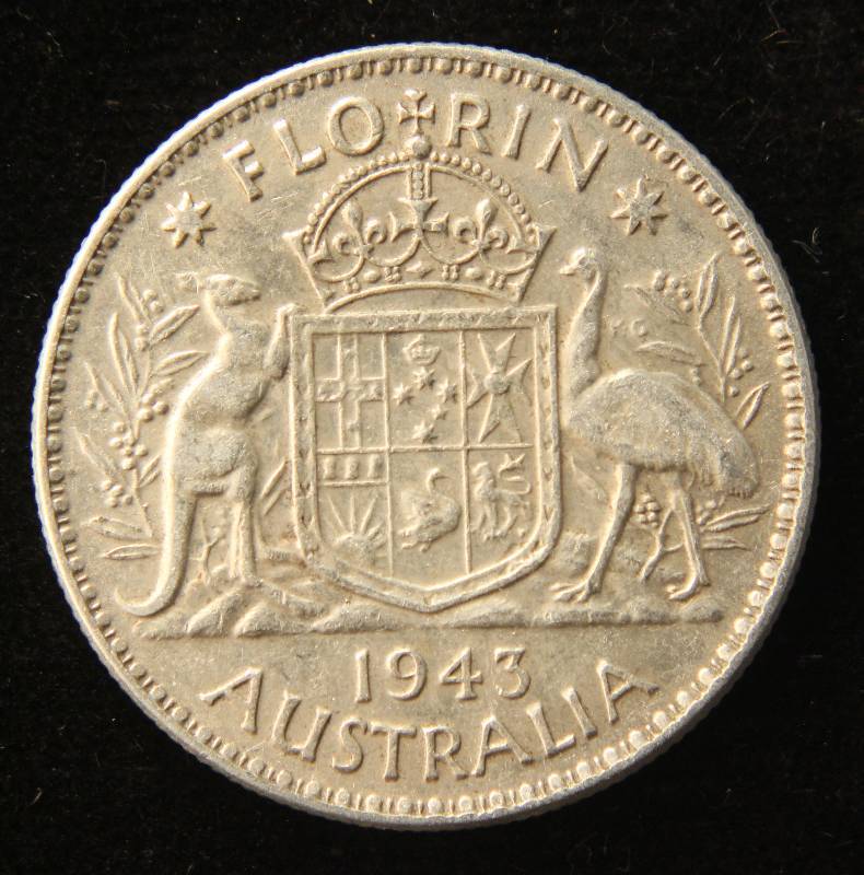 1943 AUTRALIA FLORIN (92.5% SILVER - 11.3 GRAMS)