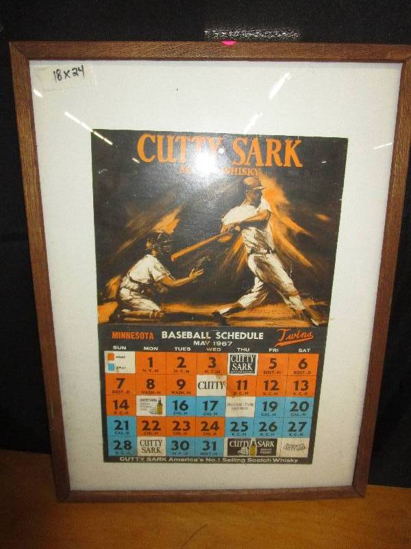 Cutty Shark Scotch Whisky  1967 Calendar with Minnesota Twins Baseball Schedule in a Frame