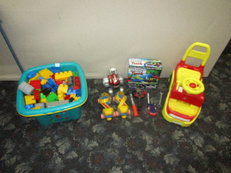 Magic Tracks, Basket of Blocks, Toy Rider Fire Truck