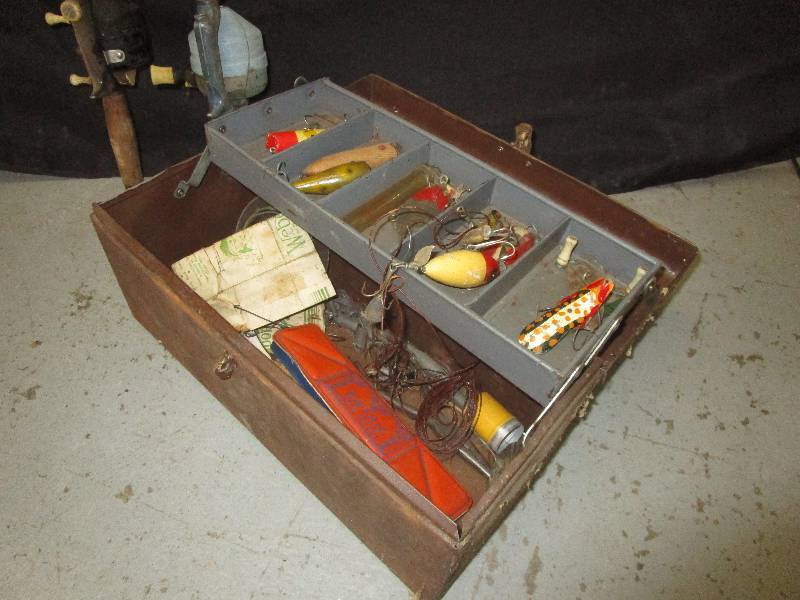 2 Fishing Poles and Reels, Tackle Box with Some Tackle Inside it