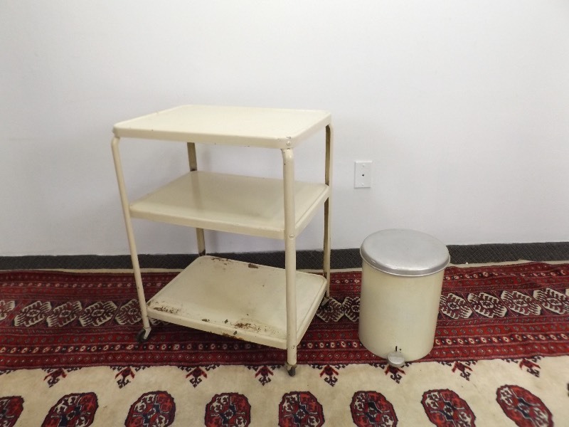 lot 17 image: Vintage Metal Utility Cart, and Metal Trash Bin