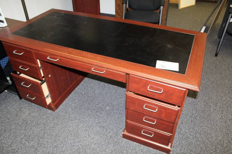 lot 76 image: 6-Drawer Wood Office Desk w Black Inlay Top