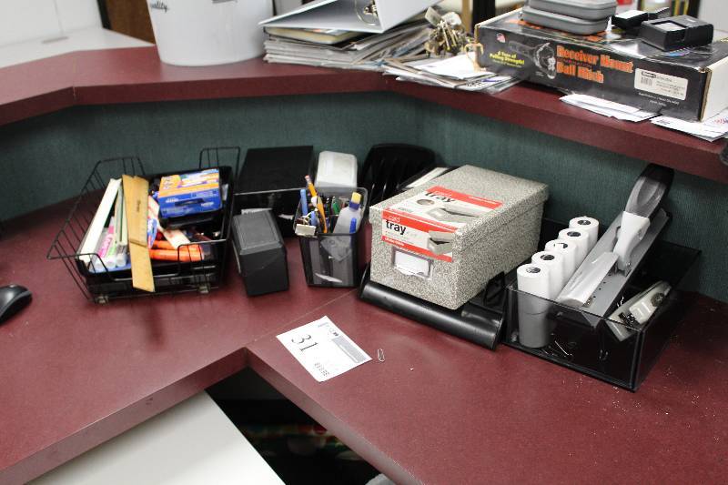 lot 31 image: Office Supplies - In-Trays, Receipt Rolls, 3-Hole Punch, Rulers, Stapler, Index Card Box