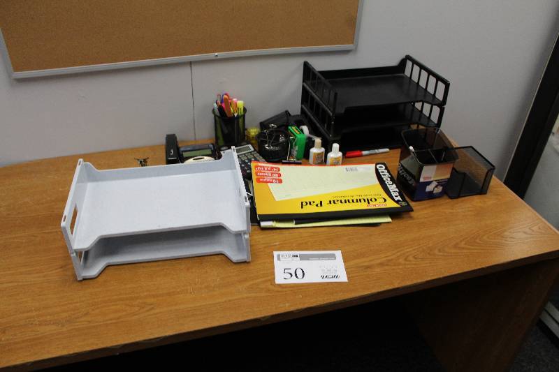 lot 50 image: Office Supplies - Calculators, Pens, Markers, Stapler, Staple Remover, In-Trays, Tape, White-out, And More