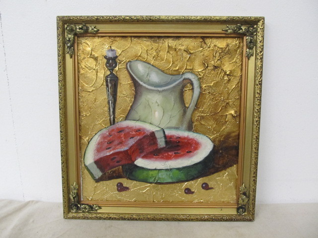 lot 35 image: Framed Vintage Original Still Life wWatermelon Oil Painting