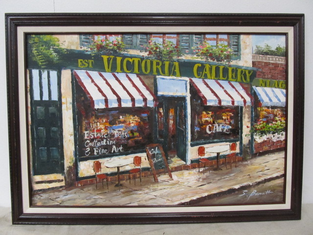 lot 37 image: Original Vintage Signed Framed Oil on Canvas Painting - Shop Scene